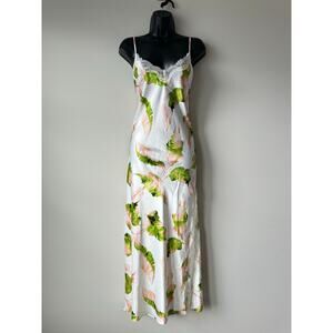 Floral Satin Slip Dress Lace Trim Midi Y2K Minimalist Bias Cut Spaghetti Strap M